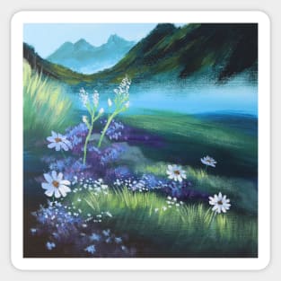 Nature Blue Misty Mountain Grass White Daisy Flower Meadow Wildflower Sticker